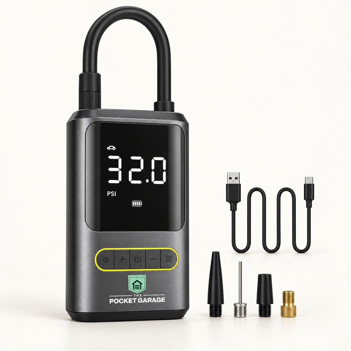 PocketAir 150 Cordless Tire Inflator with The Pocket Garage branding on a warm off-white background.