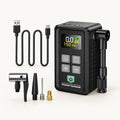 PocketAir Mini Cordless Bike Pump with The Pocket Garage branding on a warm off-white background.