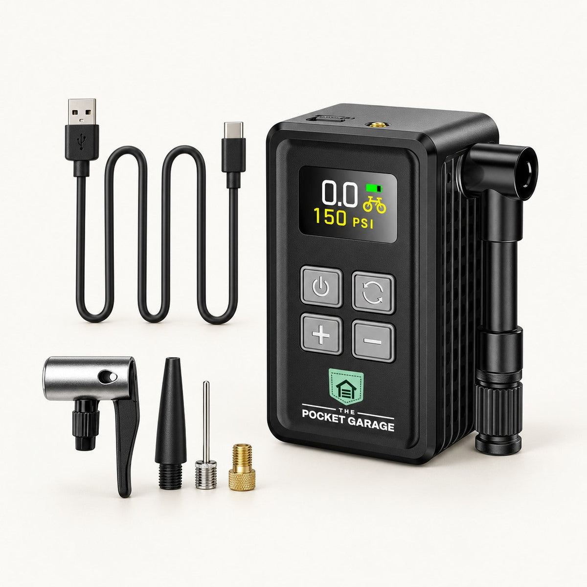 PocketAir Mini Cordless Bike Pump with The Pocket Garage branding on a warm off-white background.