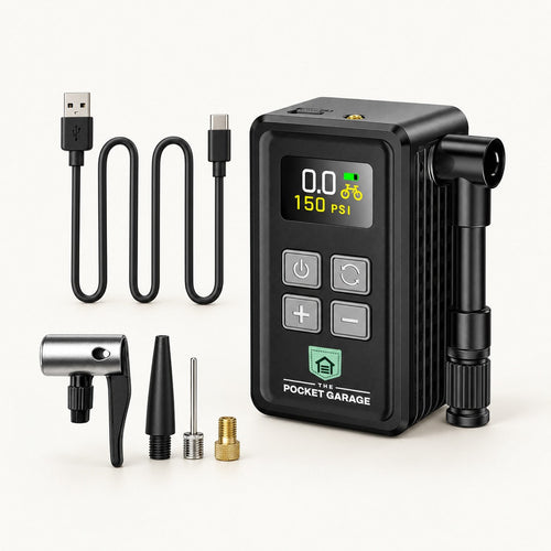 PocketAir Mini Cordless Bike Pump with The Pocket Garage branding on a warm off-white background.