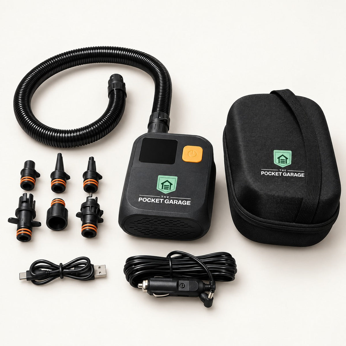 PocketAir Paddle SUP & Kayak Pump with The Pocket Garage branding on a warm off-white background.