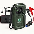PocketJump olive jump starter with round display, side handle and The Pocket Garage branding, with carry case and accessories.