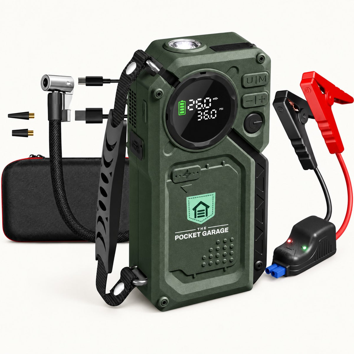 PocketJump olive jump starter with round display, side handle and The Pocket Garage branding, with carry case and accessories.