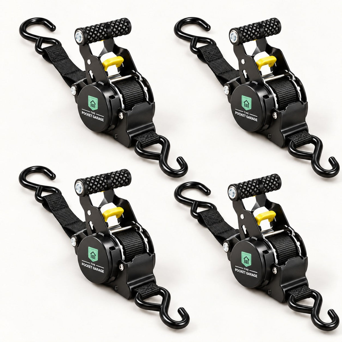 PocketStrap Retractable Ratchet Tie-Downs (9 ft), 4-pack with The Pocket Garage branding on a warm off-white background.