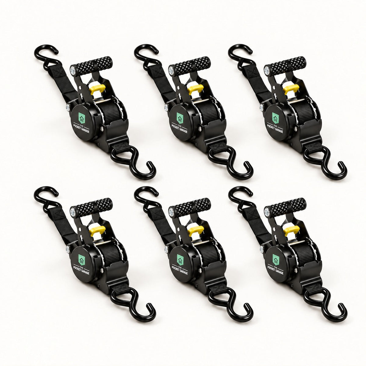 PocketStrap Retractable Ratchet Tie-Downs (9 ft), 6-pack with The Pocket Garage branding on a warm off-white background.