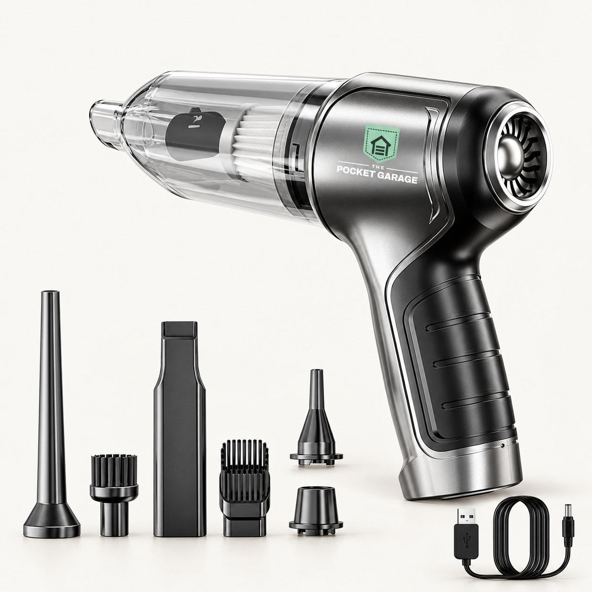 PocketVac Duo Cordless Car Vacuum & Air Duster with The Pocket Garage branding on a warm off-white background.