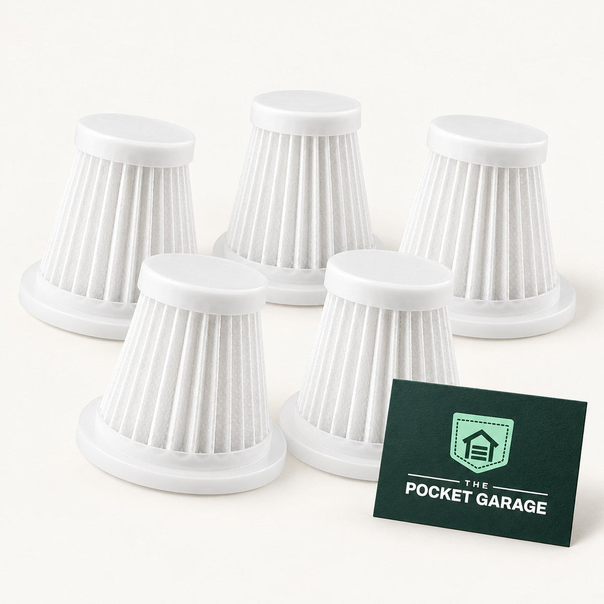PocketVac Replacement Filters (5-Pack) with The Pocket Garage branding on a warm off-white background.