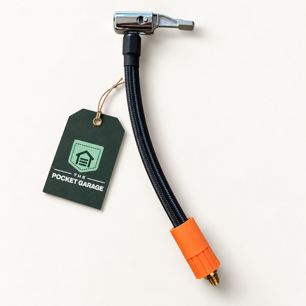 Quick-Connect Air Hose with The Pocket Garage branding on a warm off-white background.