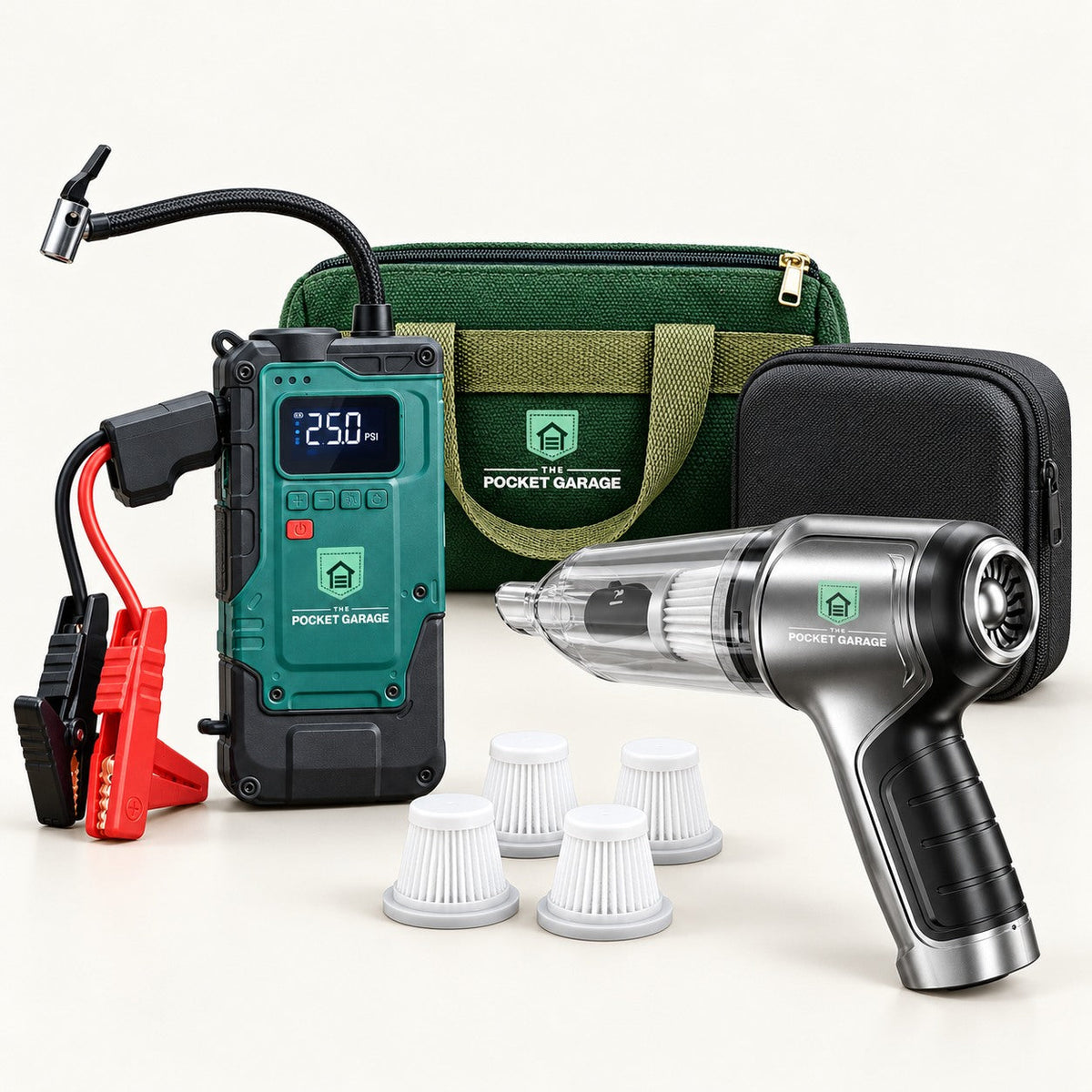 The Roadside Rescue Kit with The Pocket Garage branding on a warm off-white background.